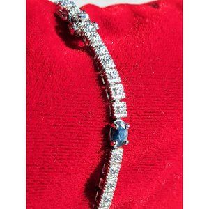 Vintage Sterling Silver 6x4MM Oval Sapphire Square Links Diamond 7.5 inch Tennis